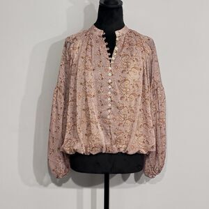 Marc New York | Women’s Blouse Tan Pink Paisley Long Sleeve Bubble Hem Boho XS